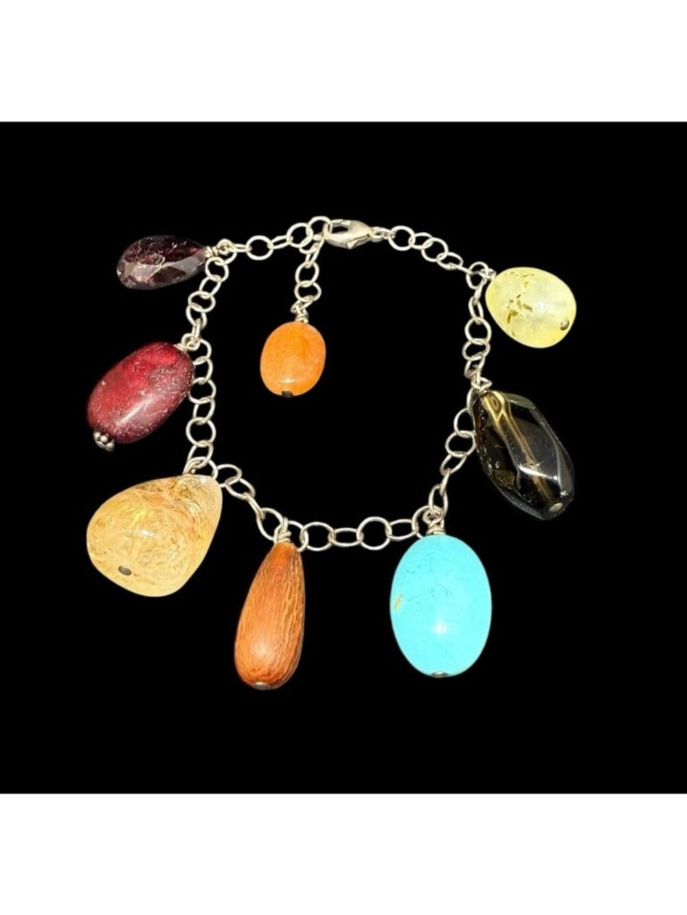 925 Multi Gemstone Dangle Bracelet Adjustable 8.25” Sterling Silver